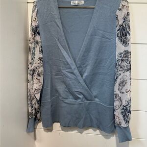89th & Madison Blue Blouse with Patterned Sleeves